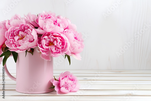 beautiful pink peonies in an enamel mug on a white wooden desk with background space on top for text created with generative ai