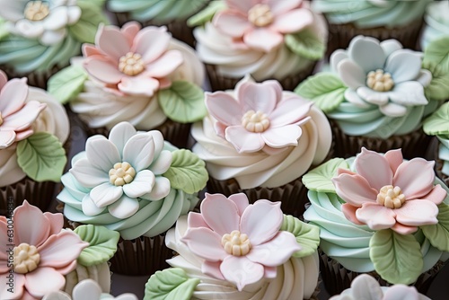 Close up of pretty pastel flower cupcakes baking created with generative ai