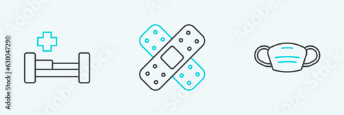 Set line Medical protective mask, Hospital bed and Crossed bandage plaster icon. Vector