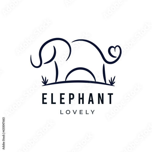 Elephant love heart tail simple line logo design. Cute hand drawn sketch doodle vector illustration