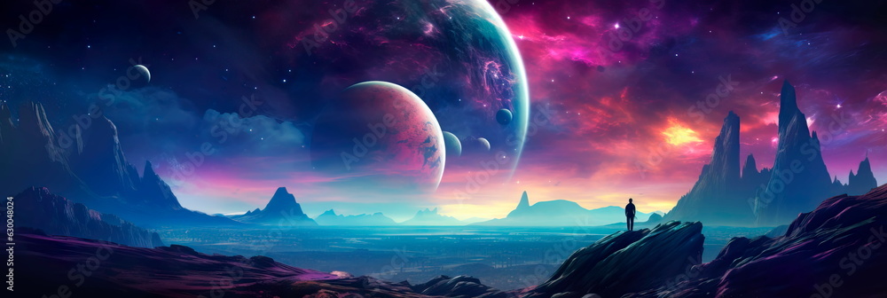 space exploration scene with a gradient background of cosmic colors,