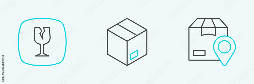 Set line Location with cardboard box, Fragile broken glass and Carton icon. Vector Set line Location with cardboard box, Fragile broken glass and Carton icon. Vector