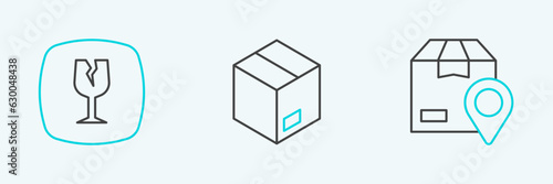 Set line Location with cardboard box, Fragile broken glass and Carton icon. Vector