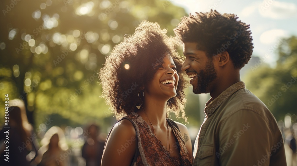 Young happy African American couple in love walking in the park in autumn Young happy African American couple in love walking in the park in autumn