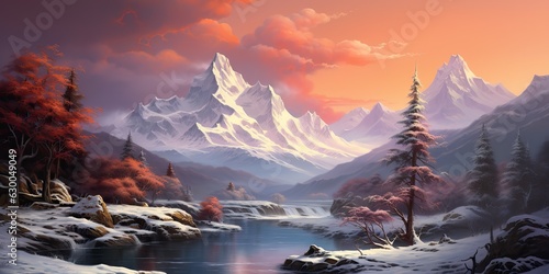 AI Generated. AI Generative. Winter snow ice chistmas xmas mountain forest lake landscape background. Adventure explore panorama. Oil paint draw canvas
