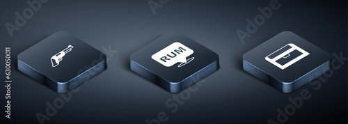 Set Isometric Vintage pistol, Antique treasure chest and Alcohol drink Rum icon. Vector