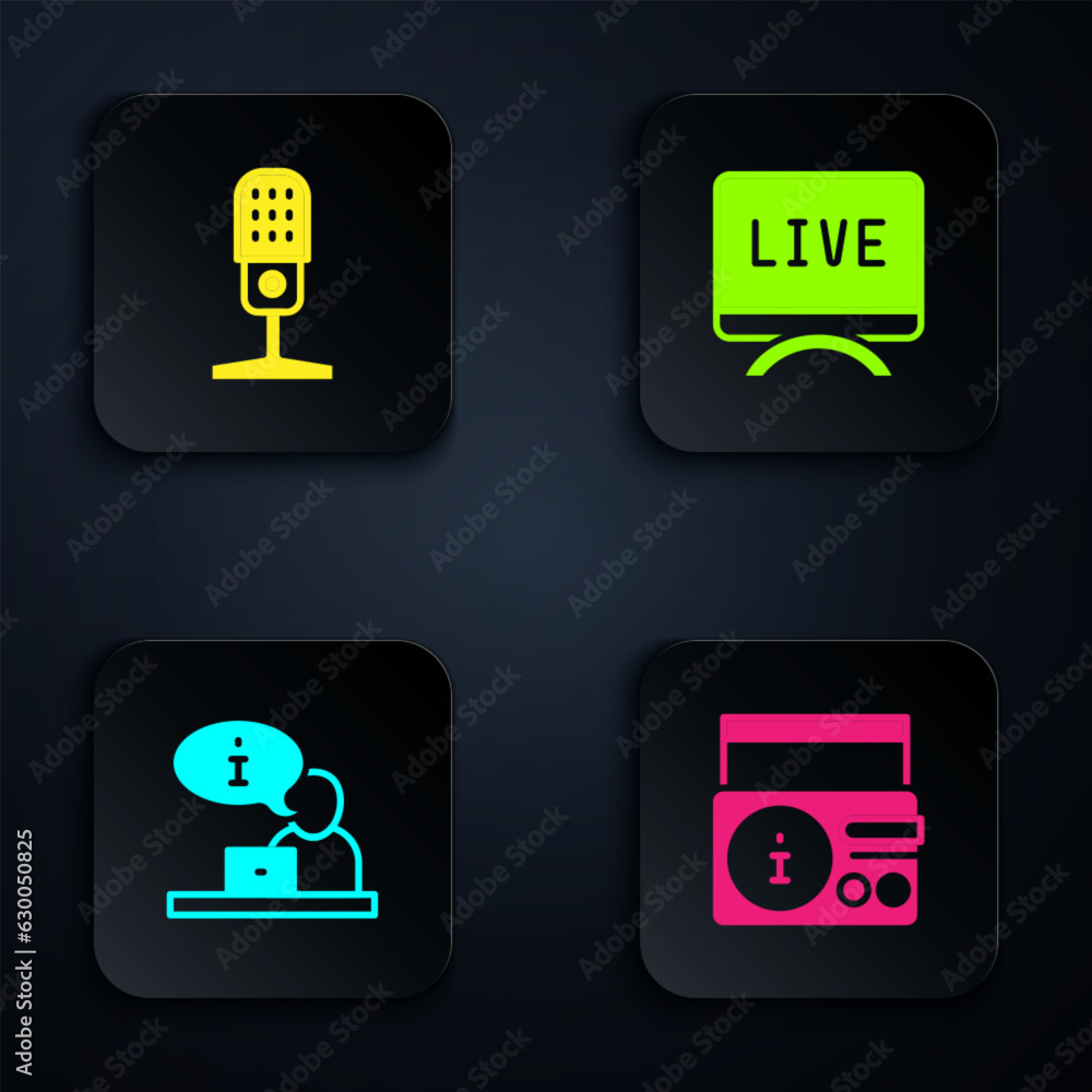 Set News on radio channel, Microphone, Television report and Live. Black square button. Vector Set News on radio channel, Microphone, Television report and Live. Black square button. Vector