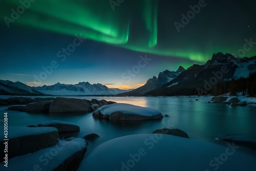 sunrise over the lake aurora borealis © Asaad