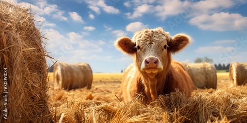 Cute, happy, fluffy cow in a farmer's field with haystacks in the background Fototapet