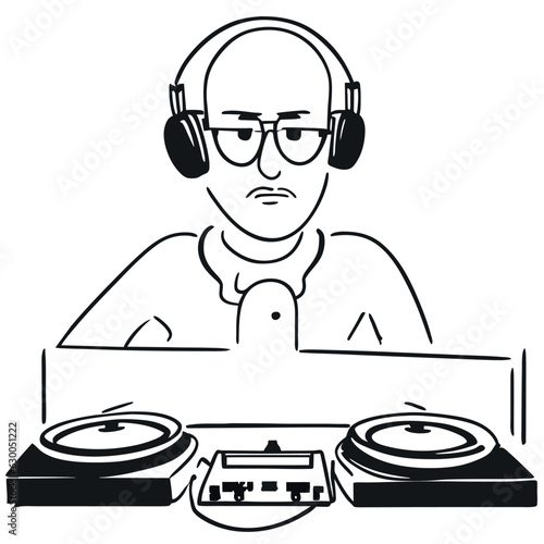 bald man with glasses djing with a Roland DJ 505 and 2 technics turntables vector illustration doodle line art