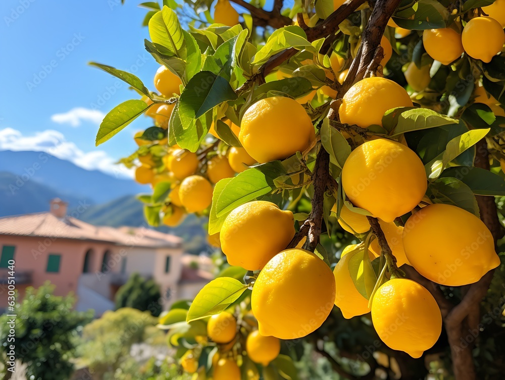 Harvest of lemons. Yellow, ripe lemons on a branch with green leaves.