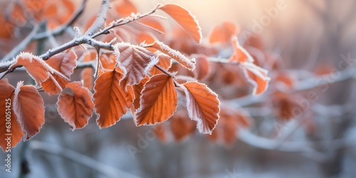 A branch with yellow autumn leaves covered with hoarfrost. Frosty autumn morning. Late fall.