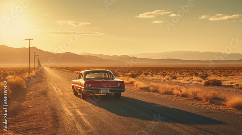 A vintage car driving down a dusty Route 66 during sunset, dust trailing, long shadows, warm tones