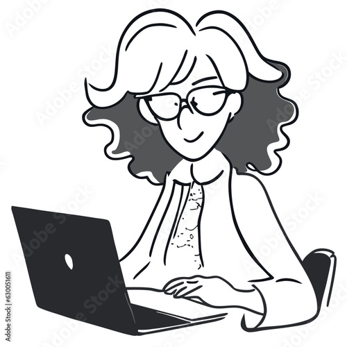 teacher with computer classes and short curly blonde hair, vector illustration doodle line art