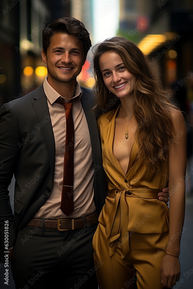 Young couple in business suites standing on the downtown street