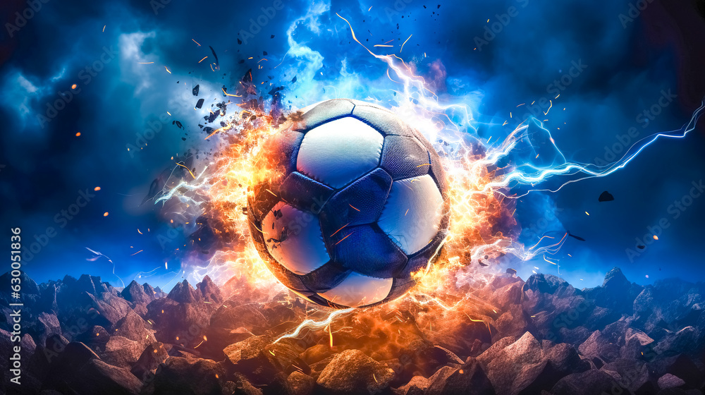 Fototapeta premium abstract soccer ball in a colorful explosion of fire energy and movement, sports performance, made with Generative AI