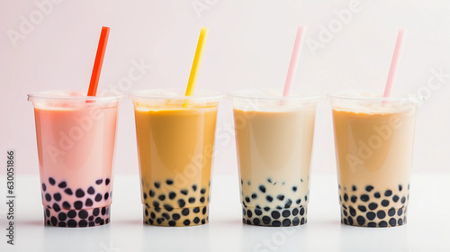 Taiwanese bubble tea, tapioca pearls visible at the bottom, pastel - colored straw in a clear glass, on a bright white background, minimalist style