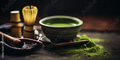 Japanese matcha tea ceremony, detailed textures on the bamboo whisk and green tea powder, ceremonial bowl and tea scoop in the frame, tranquil and Zen - like setting