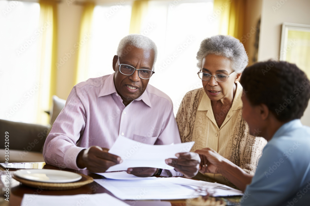 Fototapeta premium Senior couple discussing with financial insurance agent advisor. Generative Ai