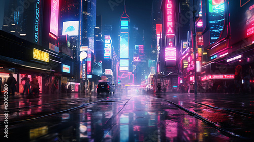 Canvas Print Epic wide shot of a futuristic cyberpunk cityscape at night, neon lights, billbo