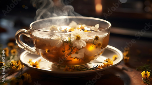 a steaming cup of chamomile tea, dried flowers floating, intense steam, moody, backlit by a soft morning light