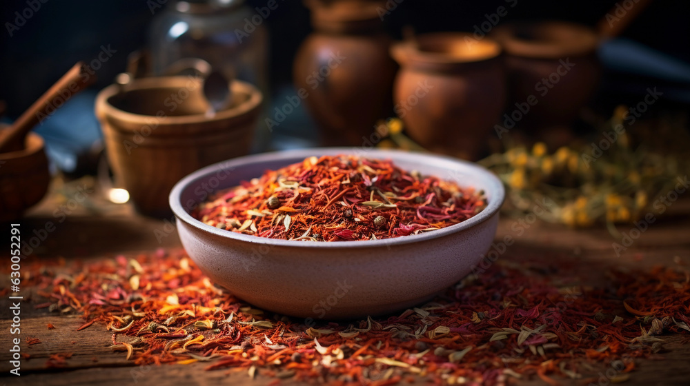 South African rooibos tea, dried leaves closeup, bright colors, and fine textures, brewing process, in a rustic kitchen, warm light