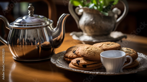 antique silver British teapot set with Earl Grey tea inside, served with a side of shortbread cookies, on an old wooden table with soft window light