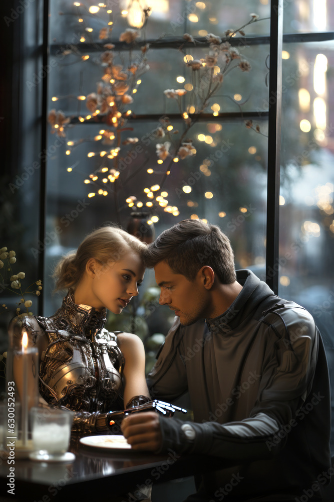 Romantic relationship between a cyborg woman and a human man. Romantic relationship between a cyborg woman and a human man.