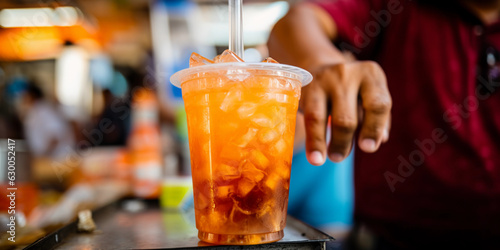 a Thai iced tea preparation, vibrant orange color, condensed milk pouring into the glass, dynamic motion, colorful street food market in the background