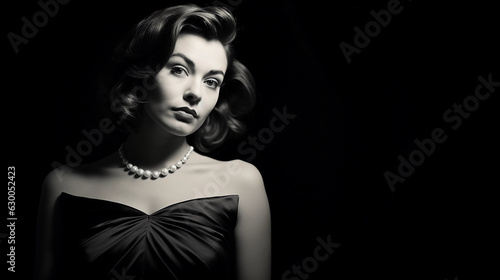 Vintage 1950s styled portrait of a woman in a cocktail dress, soft focus, dramatic Hollywood lighting