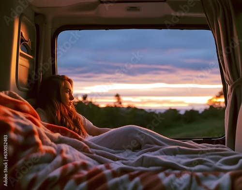 Beautiful sunset scene and girl inside the camper van