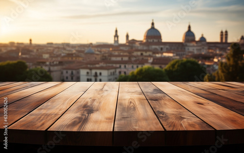 The empty wooden table top with blur background of Rome. Exuberant image.for mounting your product. digital art. High quality photo © MOUNSSIF
