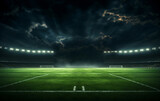 Green soccer field, bright spotlights,