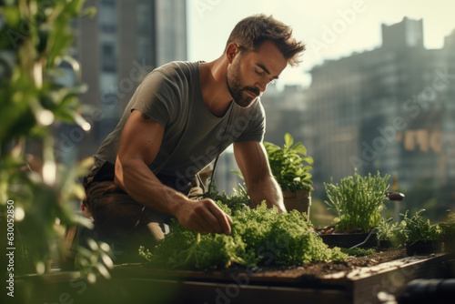 Man working at urban farm in rooftop building in a city urban agriculture sustainability