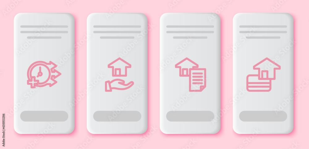 Set line Clock, Realtor, House contract and Credit card. White rectangle button. Vector Set line Clock, Realtor, House contract and Credit card. White rectangle button. Vector