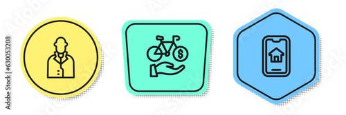 Set line Realtor, Bicycle rental mobile app and Online real estate. Colored shapes. Vector