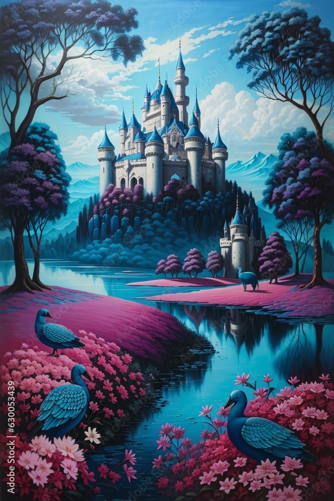 photographic surreal fantasy landscape oil painting dark blues and teal trees and castle with magenta flowers and some wildlife
