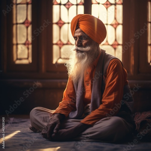 Sikh Man in Traditional Orange Turban Absorbed in Morning Prayers

