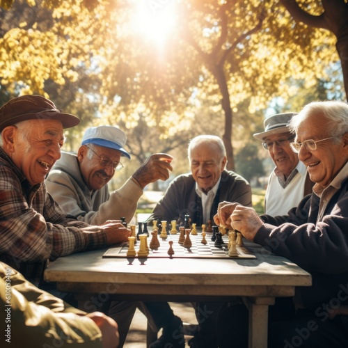 Diverse Group of Elderly Friends Engrossed in Chess Game in Park