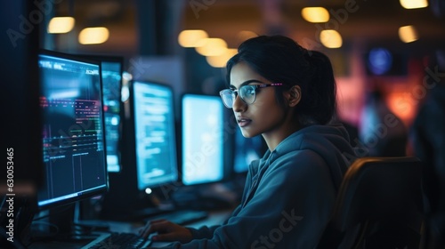 South Asian Female Coder Immersed in Work at Tech Startup