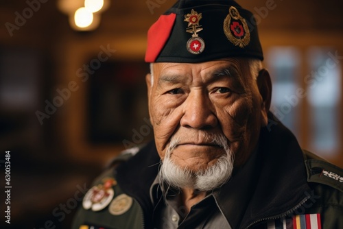 Proud Indigenous Veteran Adorned with Military Medals