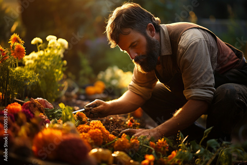 a gardener harvesting freshly grown fruits, vegetables, or herbs, reflecting the culmination of horticultural efforts and the satisfaction of providing homegrown produce Generative AI © forenna