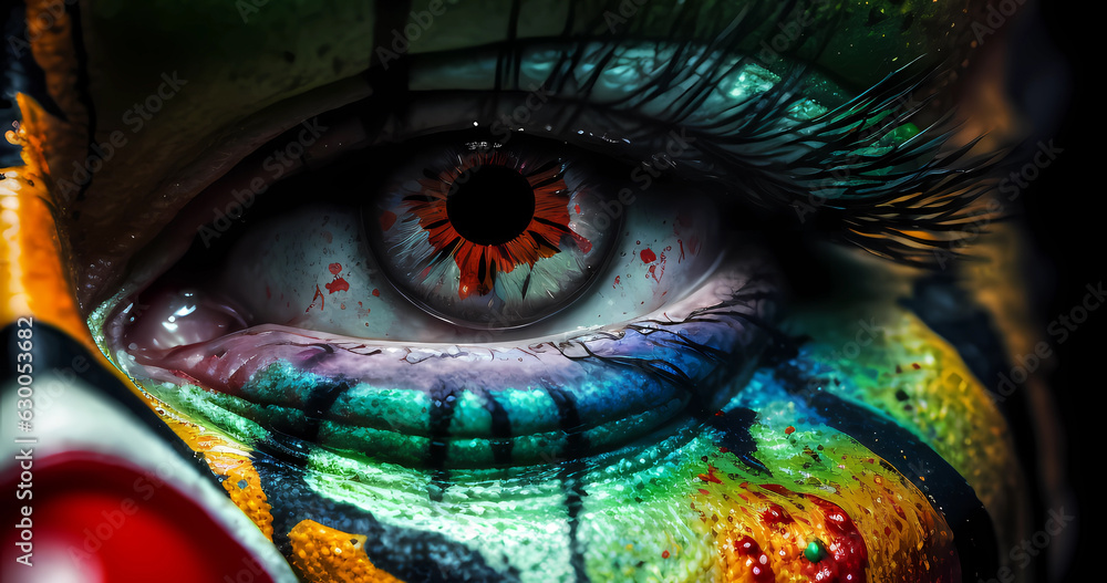 Abstract scary eye on clown colorful face for dark abstract art