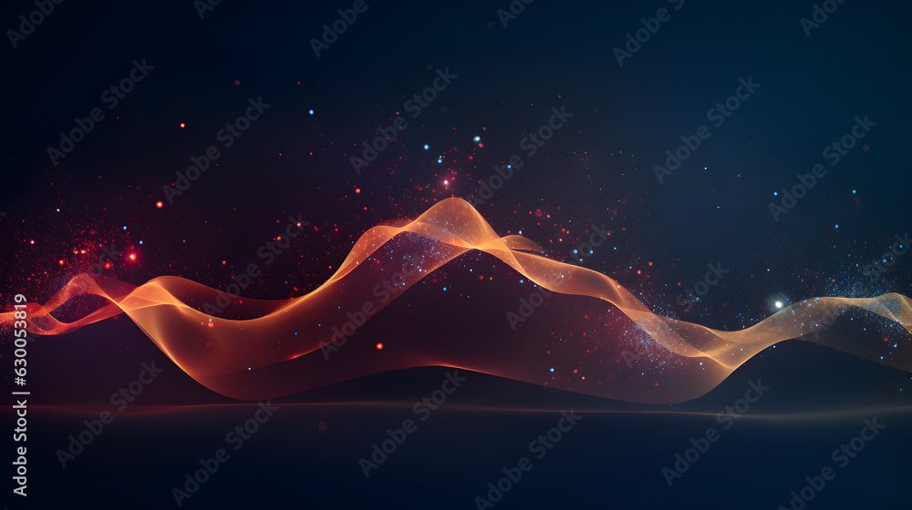 Generative AI illustration of sine  waves and particles on dark background, in the style of light gold and orange, technological design, dotted, tilt shift, kinetic lines, acoustic curves, wallpaper - obrazy, fototapety, plakaty 