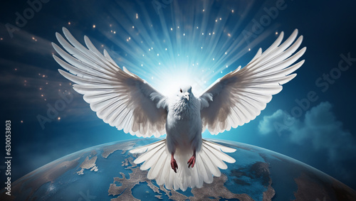 White dove symbol of love and peace flies above planet Earth.