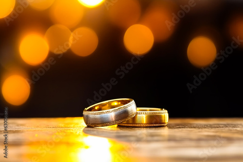 Two wedding rings place on wooden floor with on a light table with dark bokeh background