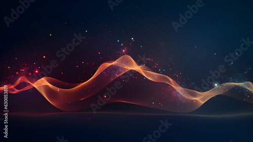 Generative AI illustration of sine waves and particles on dark background, in the style of light gold and orange, technological design, dotted, tilt shift, kinetic lines, acoustic curves, wallpaper