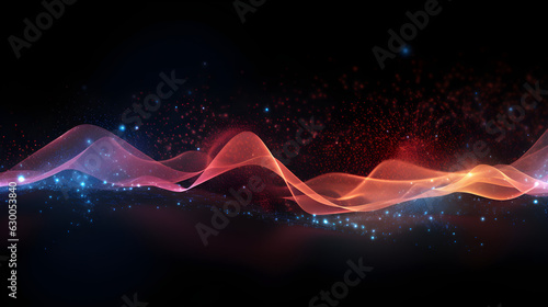 Generative AI illustration of sine waves and particles on dark background, in the style of light gold and orange, technological design, dotted, tilt shift, kinetic lines, acoustic curves, wallpaper