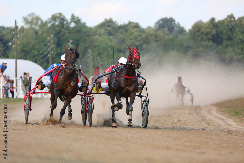 Horses and riders running at horse races