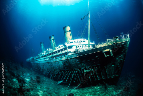 Sunken large ocean liner on ocean floor photo
